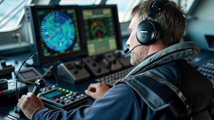 Aufkleber - Navigation officer wearing a headset and using a control panel with a radar display on the bridge of a ship, ensuring safe passage and monitoring maritime traffic