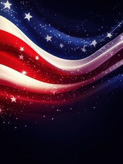 Poster - Beautiful flowing fabric texture of American flag with stars and stripes in a dark background setting during twilight. Generative AI