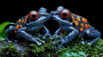 Wall Mural -   Two frogs, one blue and the other orange, perch atop a verdant leafy forest