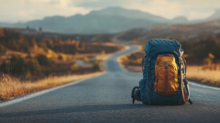 Poster - Travelers backpack rests on winding road surrounded by scenic mountains during golden hour. Generative AI