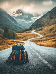 Fototapete - Travelers backpack resting on an winding road with scenic mountains and valleys in the background during twilight. Generative AI