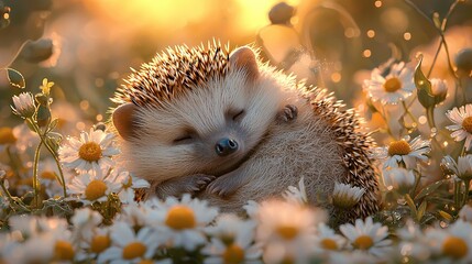 Wall Mural -   A hedge sits in the middle of a field of daisies, with its eyes closed