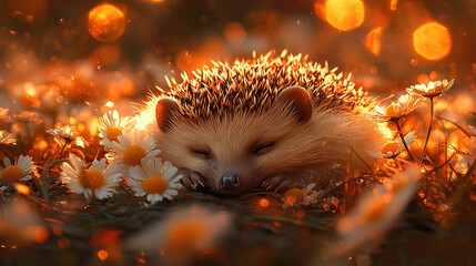 Wall Mural -   A hedgehog slumbers in the center of a field full of daisies, with its eyes shut