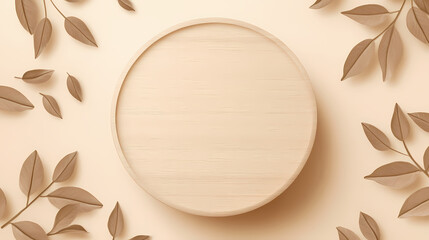Wall Mural - Wooden podium top view with leaves shadows on beige background. showcase for product presentation flat lay banner size. Pinnacle. Illustration