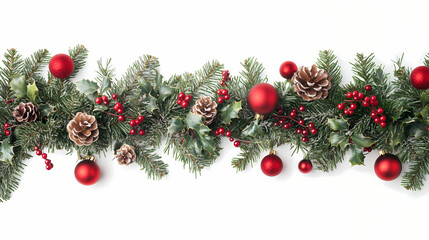 Wall Mural - Red green garland white background featuring festive elements christmas decorating ideas flat lay top view style. Pinnacle. Illustration