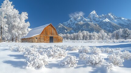 Wall Mural -   A white landscape showcases a rustic barn upfront and majestic mountains behind, blanketed in fresh snow