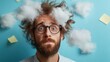 ©  Jovaduplex - This image features a man with messy hair and glasses, standing amid fluffy clouds on a blue background, conveying confusion and chaos in an artistic manner.