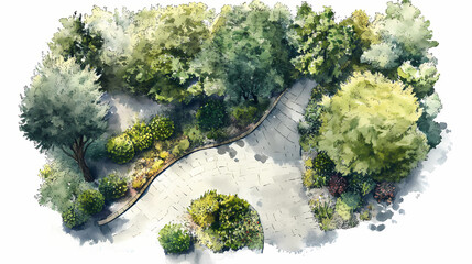 Wall Mural - Landscape plan and architecture layout watercolor tree top view. Pinnacle. Illustration