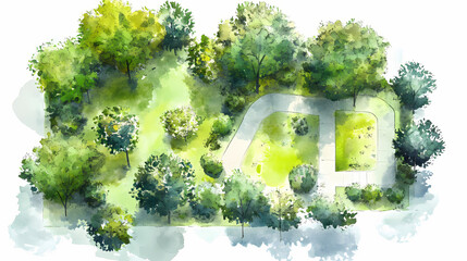 Wall Mural - Landscape plan and architecture layout watercolor tree top view. Pinnacle. Illustration