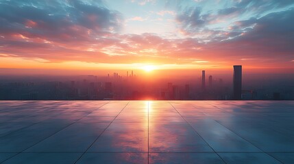 Wall Mural - city skyline sunrise reflecting on empty rooftop.