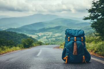 Poster - Travelers backpack placed on a winding road amidst hills and cloudy skies in a serene natural setting. Generative AI