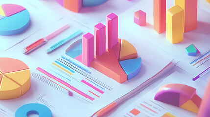 Wall Mural - Financial analysis paperwork with bar graphs and pie charts, 3d illustration, flat design, top view, business finance theme, animation, colored pastel. Pinnacle. Illustration