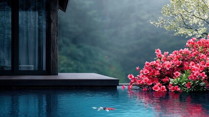 Wall Mural -  A serene pool surrounded by blooming flowers and framed by a rustic house, while lush trees dominate the foreground