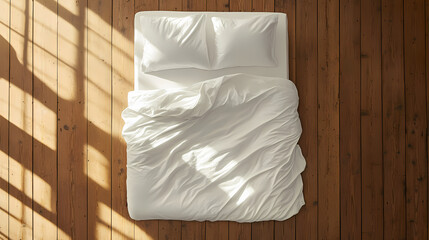 Wall Mural - A top view of a made bed with white sheets and pillows on a wooden floor. Pinnacle. Illustration