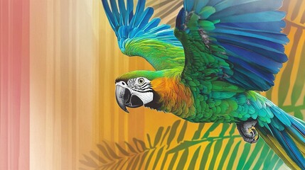 Poster -   A vivid parrot flying above palm leaves against a blended pink, yellow, and green backdrop