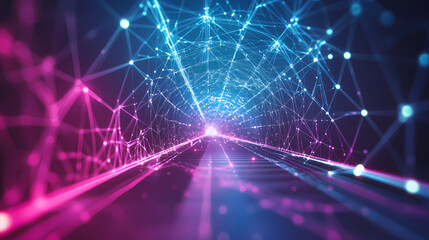 Wall Mural - Abstract wireframe tunnel with glowing edges, top view, portraying interconnectedness, digital tone, triadic color scheme. Pinnacle. Illustration