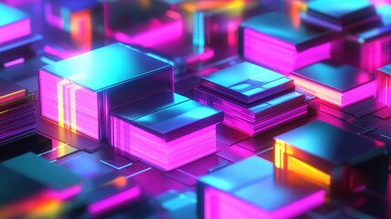 Poster - Colorful Abstract Geometric Shapes with Neon Lights and Reflection