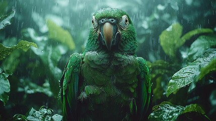 Poster -   A parrot perched atop a verdant leaf amidst a dense green forest