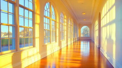 Poster - bright and inviting hallway with large windows and wooden floor
