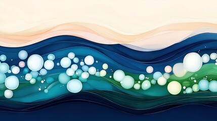 Wall Mural -   Water and bubble painting on blue-white wave with orange sky in background