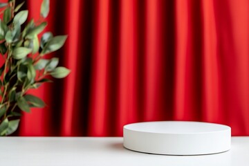 Poster - A minimalist display with a white circular base and a red curtain backdrop.