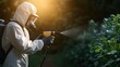 ©  Jovaduplex - A scientist, protected in full-body white gear, sprays experimental plants in a bright sunlight setting, ensuring secure and effective plant experimentation in the field.