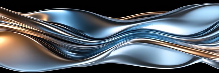 Poster - Smooth flowing abstract 3D design featuring wavy metallic surfaces in shades of silver and blue. Generative AI