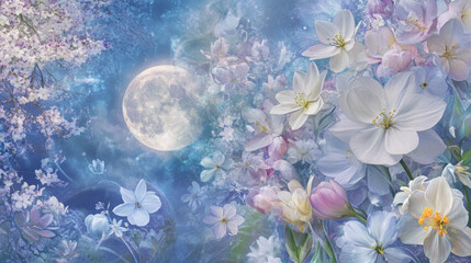abstract night background with spring flowers in blue tones