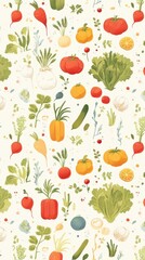  Colorful pattern of various vegetables and herbs on a light background.