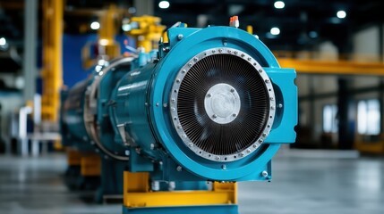 A sharply focused image of a large blue engine, its mechanical and structural details prominently visible, embodying industrial prowess and technological sophistication.