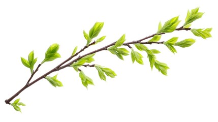 A branch with fresh, vibrant green spring leaves isolated on a white background. Perfect for nature, spring, and growth themes.