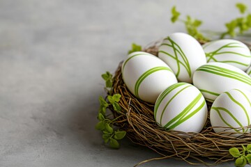 Wall Mural - An Exquisitely Beautiful Arrangement of Decorated Easter Eggs Nestled in a Cozy Nest Alongside Vibrant Green Accents, Creating a Charming Springtime Decor for the Holiday Celebration