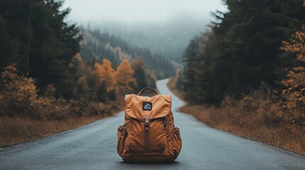 Poster - Traveler with a backpack resting on a quiet road surrounded by autumn trees in a misty landscape. Generative AI