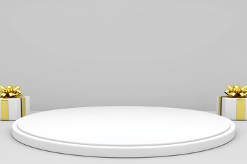 Poster - A minimalist realistic luxury 3D rendering depicts an off-white product display stand with gift boxes on a white wall background, ideal for Christmas, winter, birthday, or cosmetic product sales.