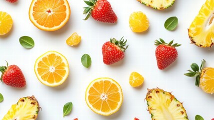 Aufkleber - Explore a vibrant arrangement of tropical fruits including oranges, strawberries, and pineapples on a clean white surface. Generative AI