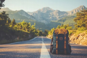 Aufkleber - Travelers backpack resting on empty road surrounded by mountains during golden hour of afternoon. Generative AI
