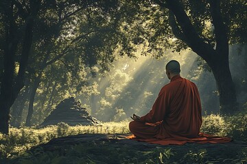 Aufkleber - Meditative Monk in Red Robe in Tranquil Forest Setting Surrounded by Lush Nature : Generative AI