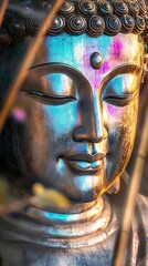 Aufkleber - Serene Close-Up of a Multicolored Buddha Statue with Tranquil Spiritual Aura : Generative AI