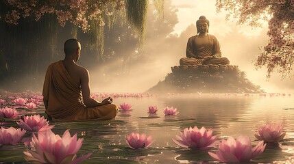 Aufkleber - Monk Meditating by Tranquil Lotus Pond Under Blossom Canopy with Giant Buddha Statue : Generative AI