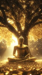 Aufkleber - Enlightenment Meditation with Buddha Statue Under Glowing Tree in Mystical Nature : Generative AI