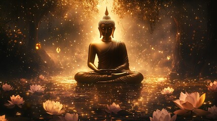 Poster - Golden Buddha Statue Surrounded by Lotus Flowers in Tranquil Mystical Forest : Generative AI