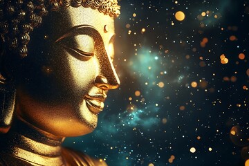Poster - Golden Buddha Statue Amidst Mystical Cosmic Background with Abstract Light Particles : Generative AI