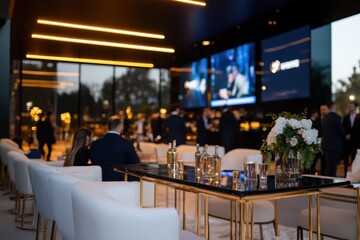 Wall Mural - A beautifully designed modern event space featuring chic seating arrangements, large screens, and stunning floral arrangements, perfect for upscale gatherings and celebrations.