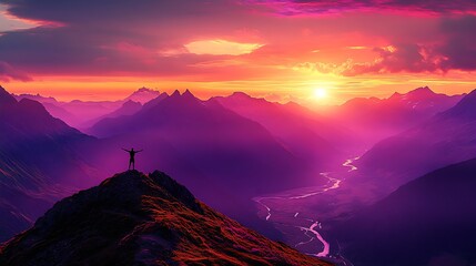 Poster - Traveler on Mountain Peak Viewing Vibrant Sunrise Over Majestic Valley : Generative AI
