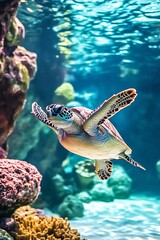 Poster - Sea Turtle Gliding Elegantly Through a Vibrant Coral Reef in Crystal Clear Ocean Waters : Generative AI
