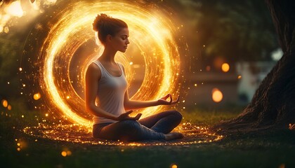 Aufkleber - Young Woman Meditates in Nature with Glowing Magical Energy Circle Orb at Dusk : Generative AI