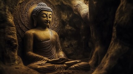 Aufkleber - Peaceful Buddha Statue in Ancient Cave Meditation Space Illuminated by Soft Light : Generative AI