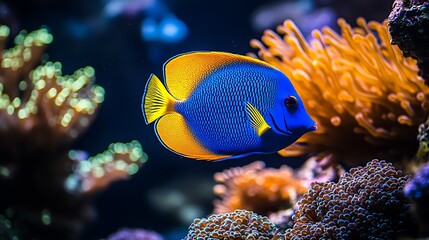 Poster - Vibrant Blue and Orange Fish in Colorful Coral Reef Aquarium : Generative AI