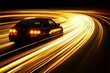 © The Little Hut - Dynamic car speeding on illuminated curved highway at night with golden light trails : Generative AI