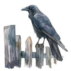 A watercolor painting of a crow perched on a wooden fence in the evening light, isolated on a white background. Crow vector.
